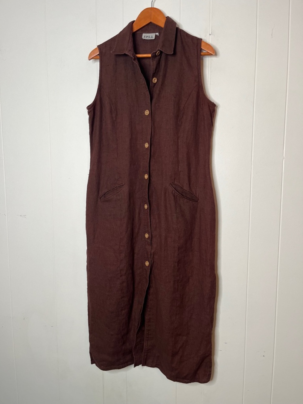 Vintage Sleeveless Button-Front Linen/Hemp Blend Dress in Deep Brown Size 14